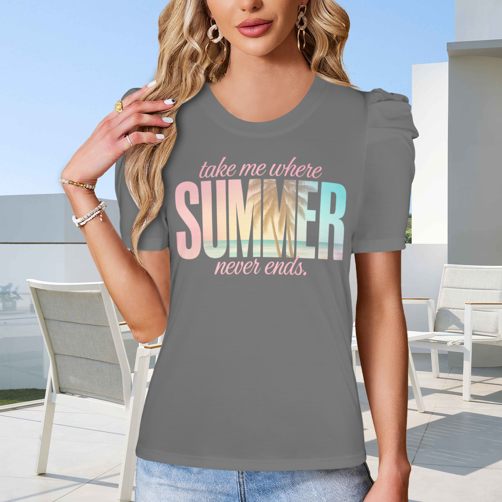 Summer Puff Sleeve T-Shirt - Gray 1