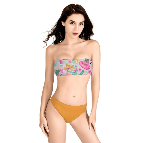 Womens Bandeau Strapless Bikini - Summer Flamingos Orange
