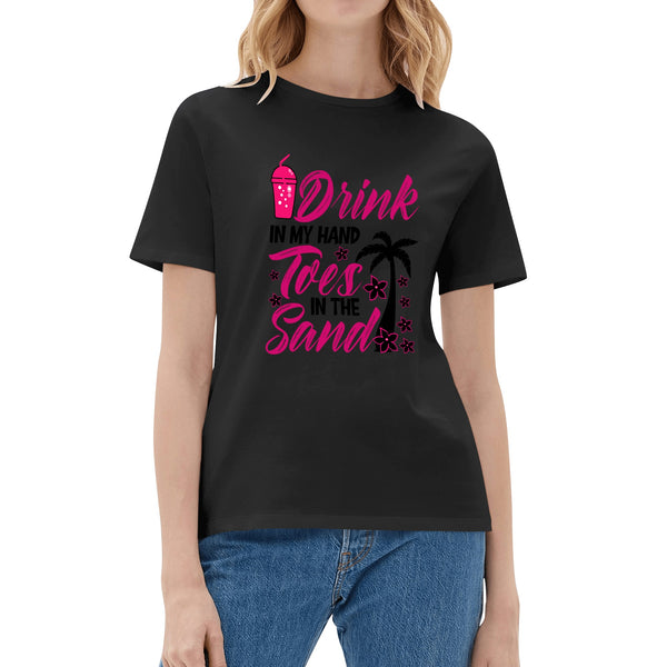 Womens Cotton T-Shirt - Beach Drink Toes Sand - Pink