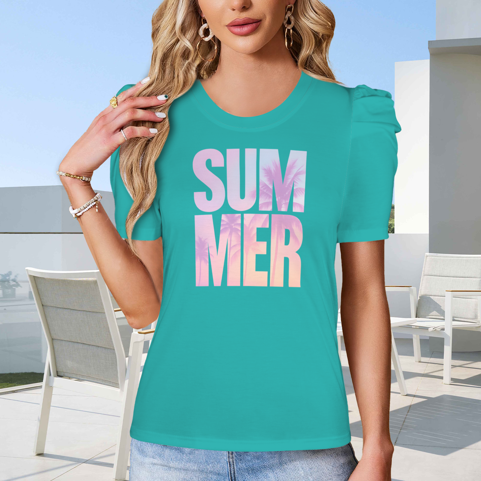 Summer Puff Sleeve T-Shirt - Sea Green 2