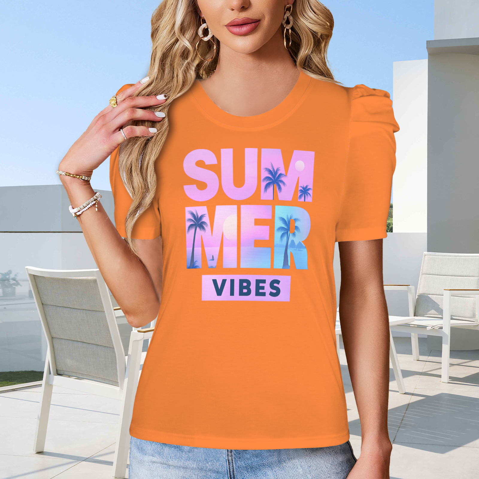 Summer Puff Sleeve T-Shirt - Orange 4