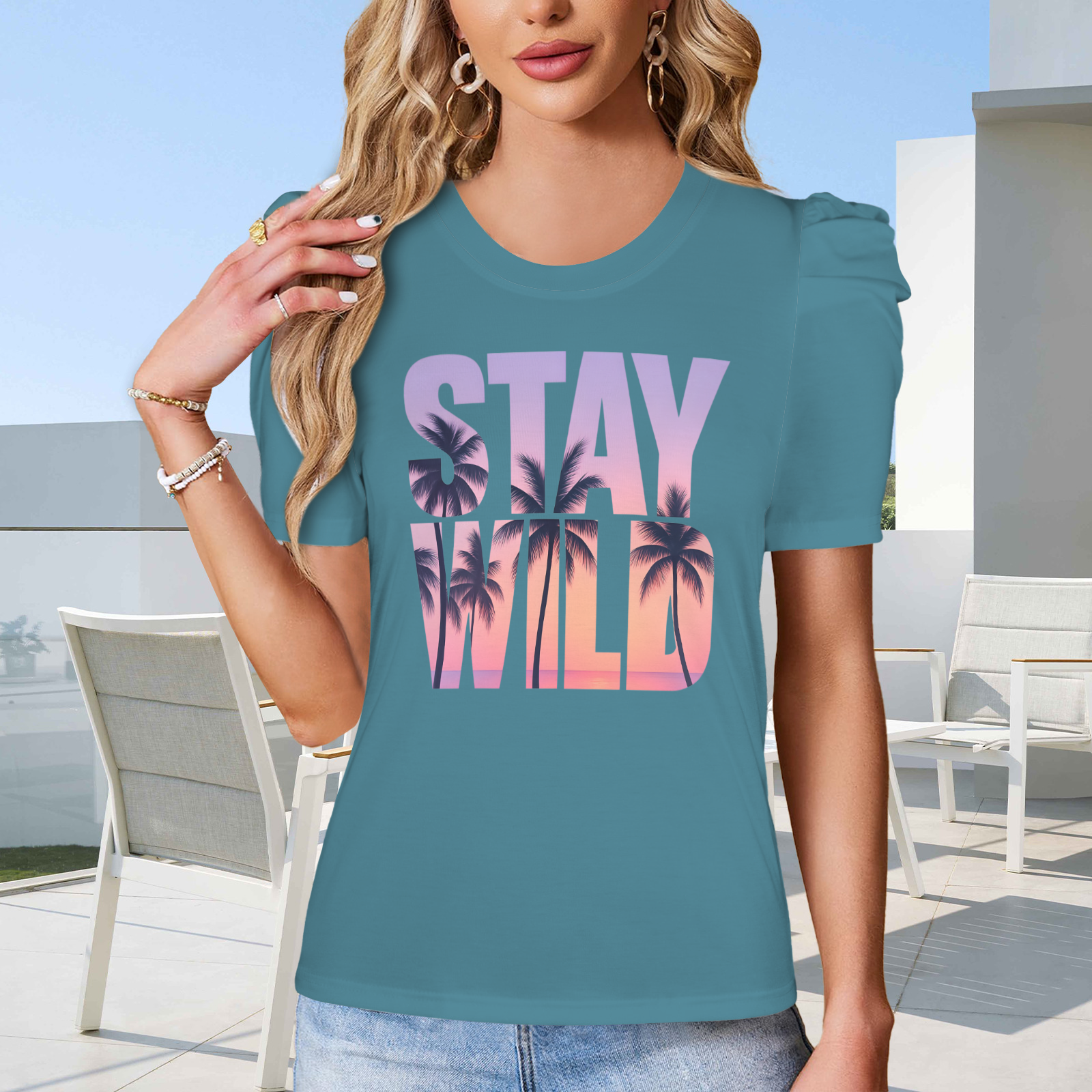 Summer Puff Sleeve T-Shirt - Teal 3