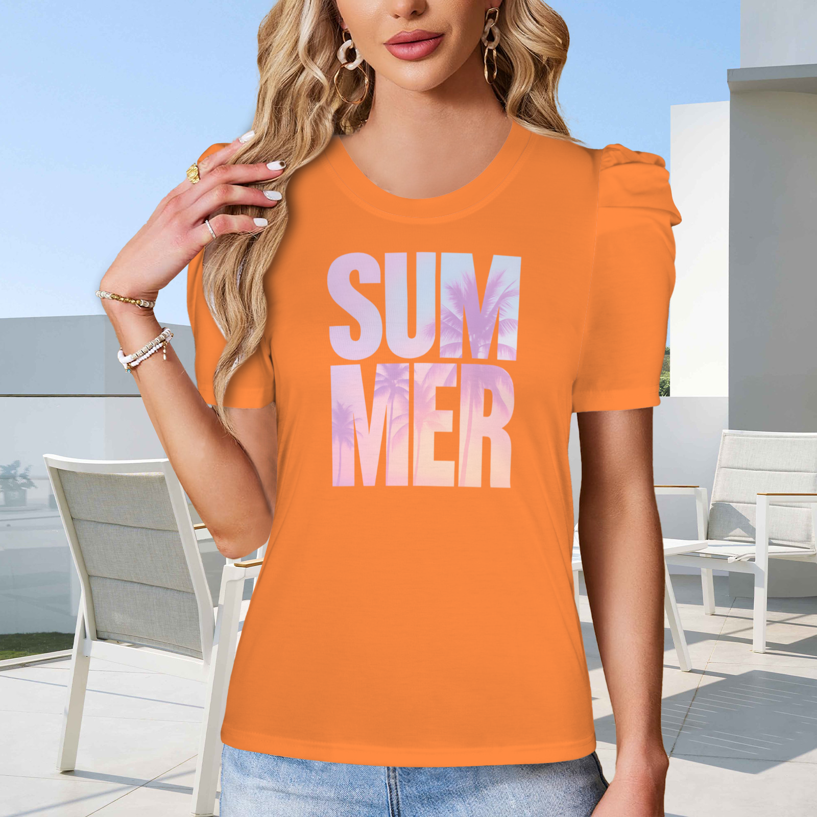 Summer Puff Sleeve T-Shirt - Orange 2