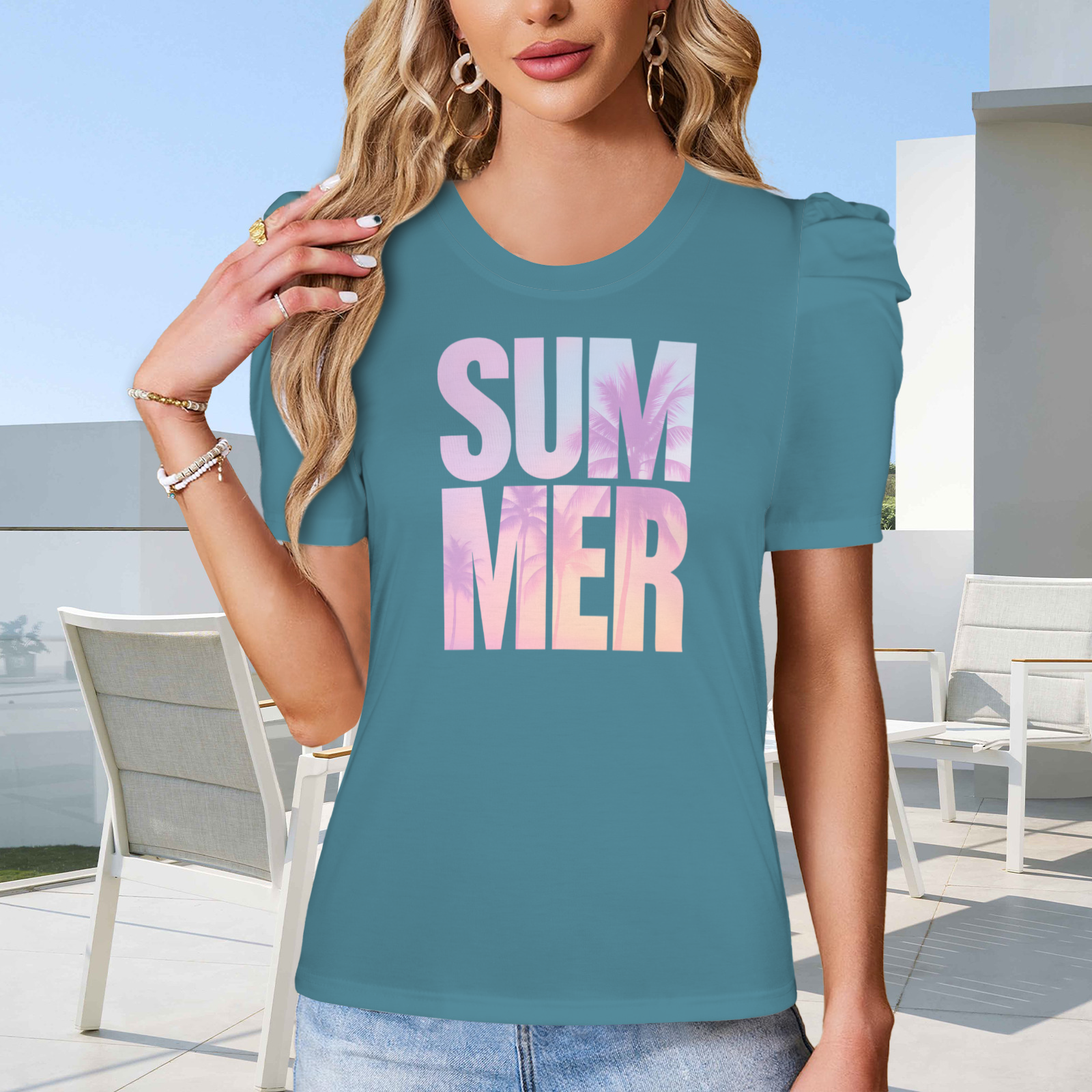 Summer Puff Sleeve T-Shirt - Teal 2