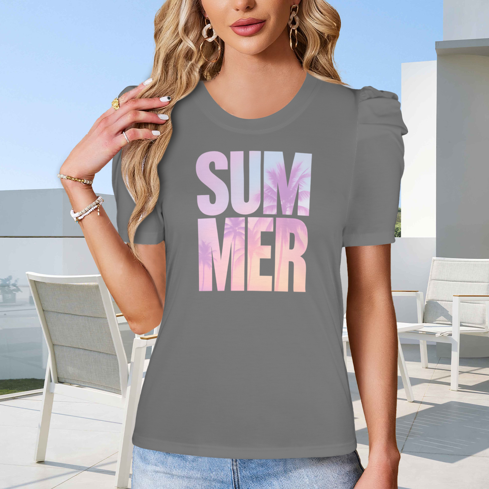 Summer Puff Sleeve T-Shirt - Gray 2