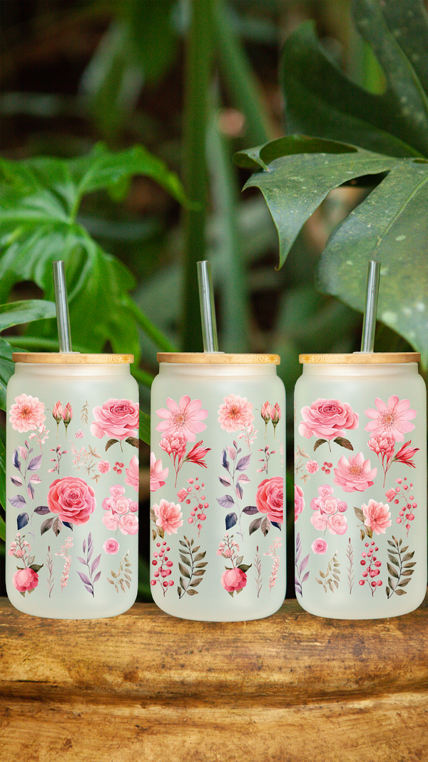 Flowery Design 2 16 oz Frosted Glass Can by Zycotic