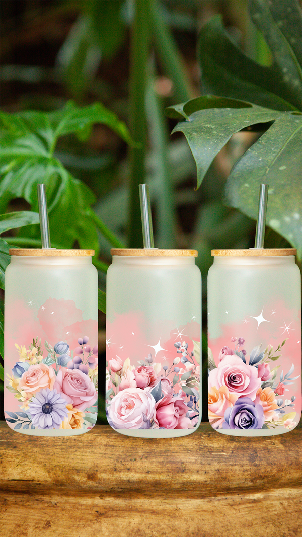 Flowery Design 1 16 oz Frosted Glass Can by Zycotic