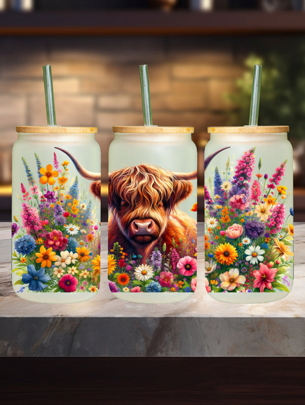 Highland Cow Flowery Glass Can 001