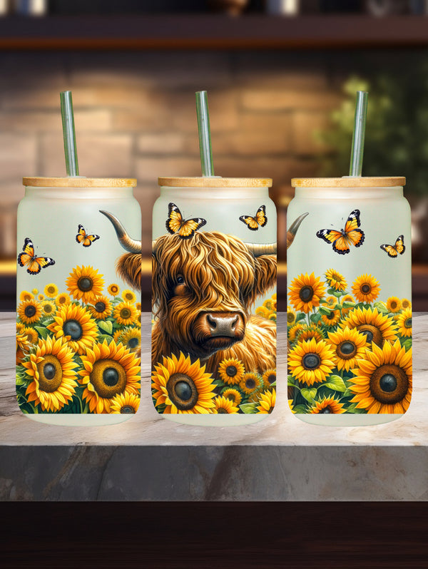 Highland Cow Sunflower Glass Can 001