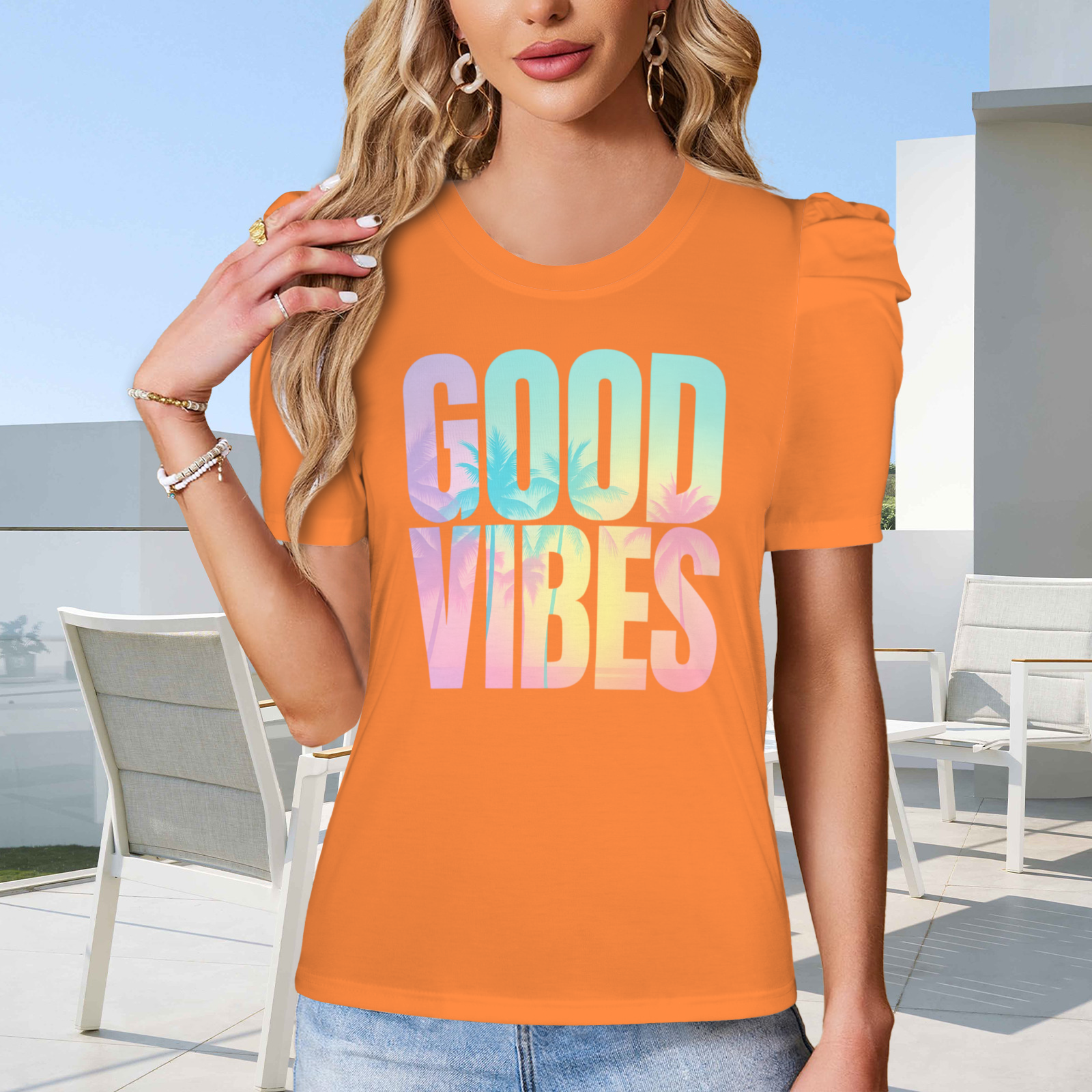 Summer Puff Sleeve T-Shirt - Orange 5