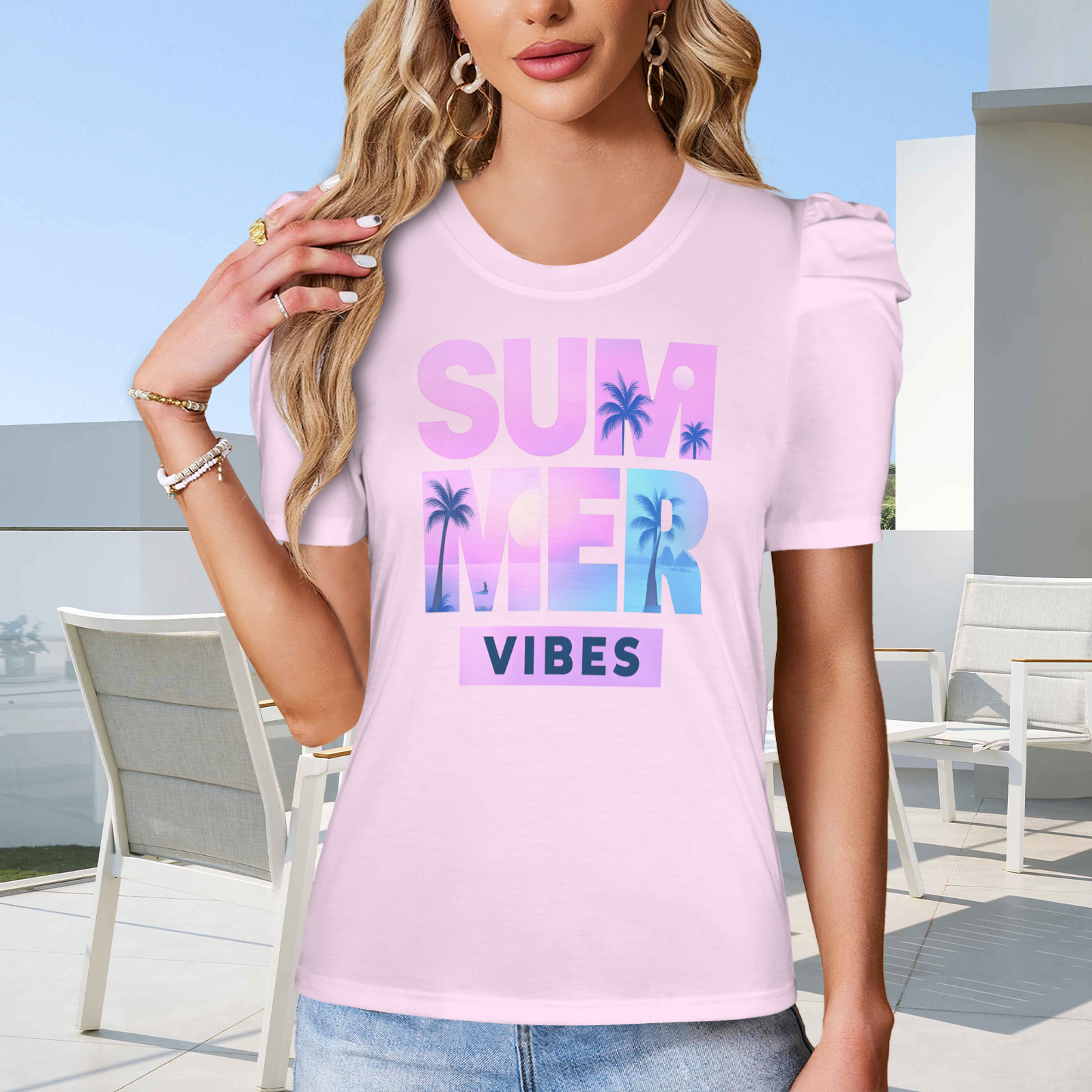 Summer Puff Sleeve T-Shirt - Light Pink 4