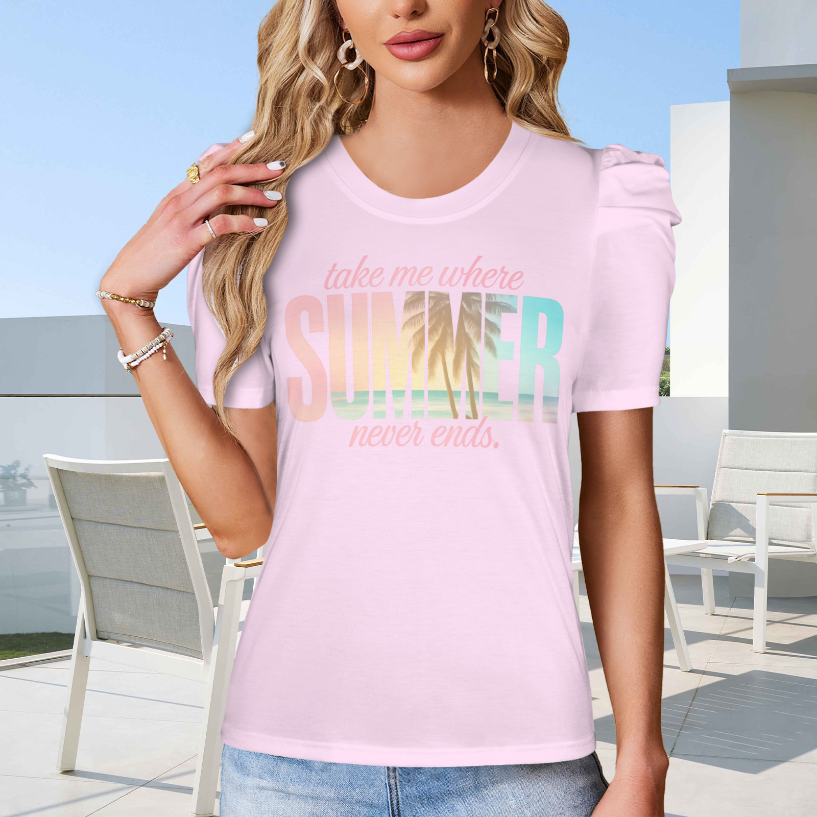 Summer Puff Sleeve T-Shirt - Light Pink 1