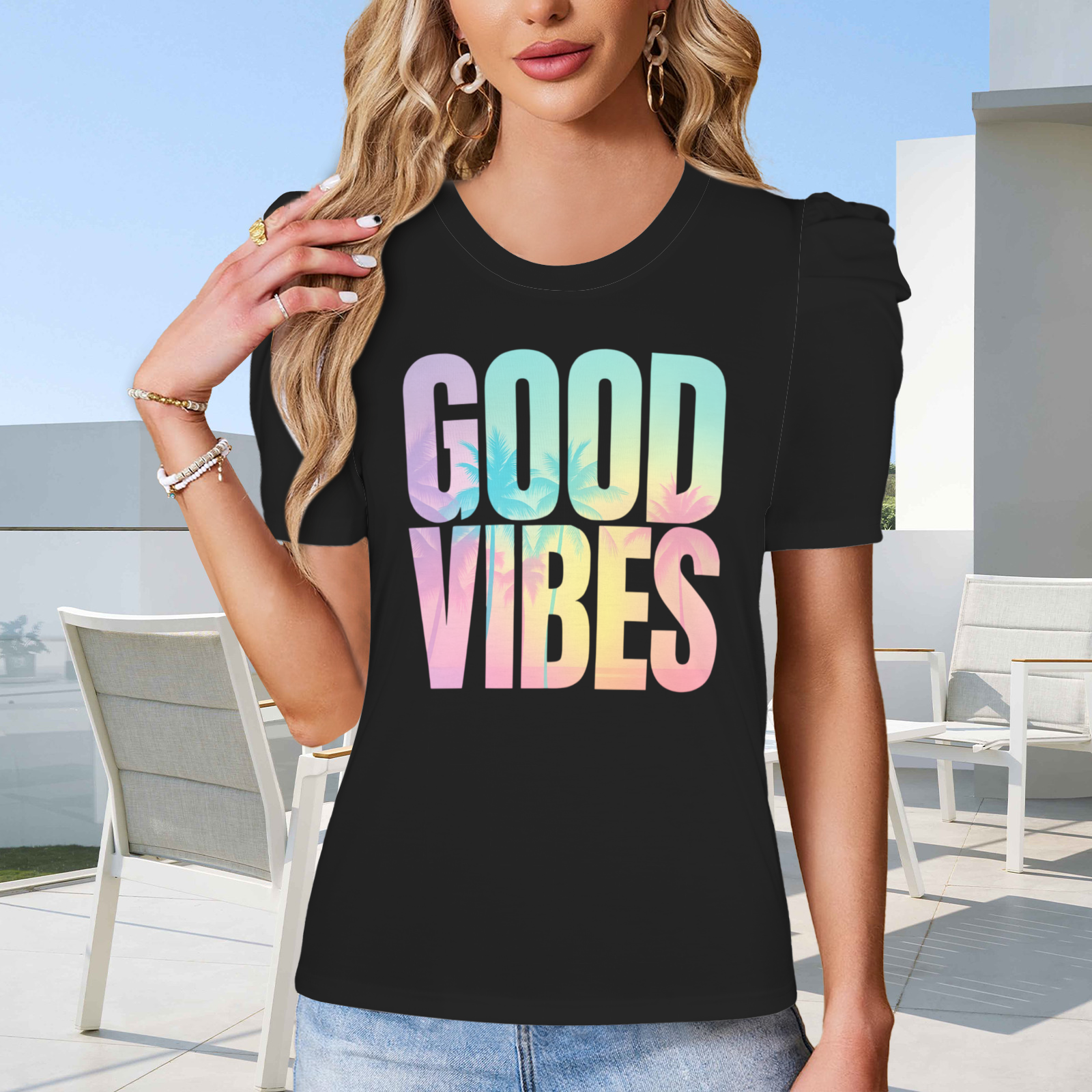 Summer Puff Sleeve T-Shirt - Black 5