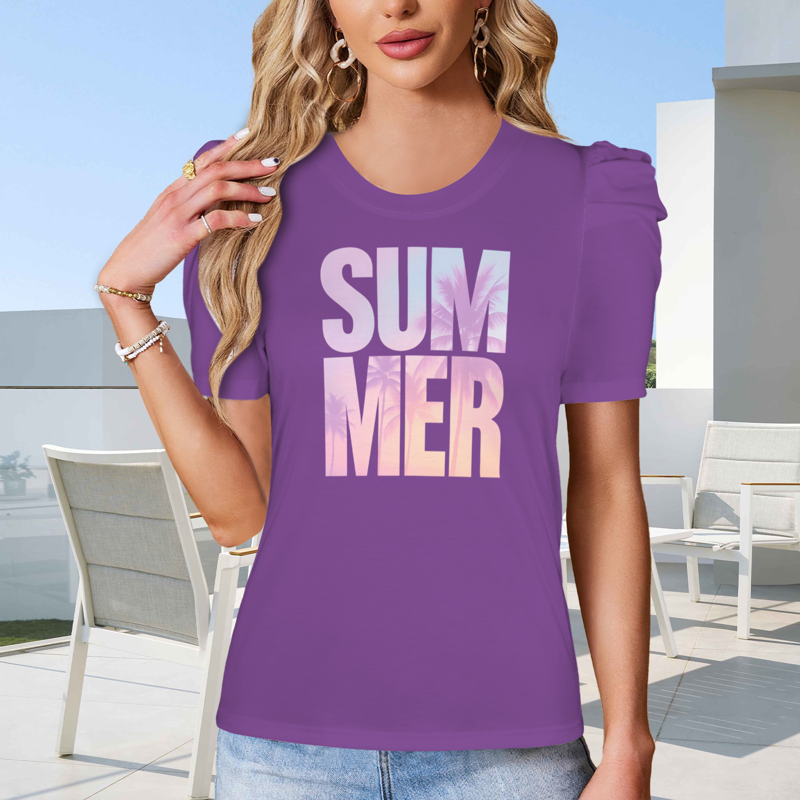 Summer Puff Sleeve T-Shirt - Dark Purple 2