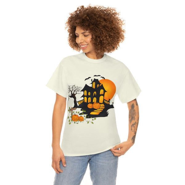 Halloween Unisex Heavy Cotton Tee - House & Pumpkins by Zycotic